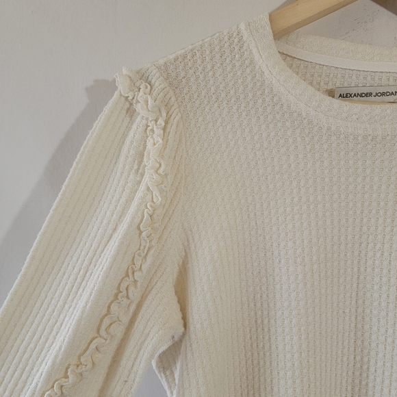 ALEXANDER JORDAN Ivory Waffle Knit Top Sz S Crewneck Ruffle Sleeve Cozy Neutral - Picture 5 of 12